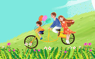 春天一家人外出骑自行车游玩春游背景